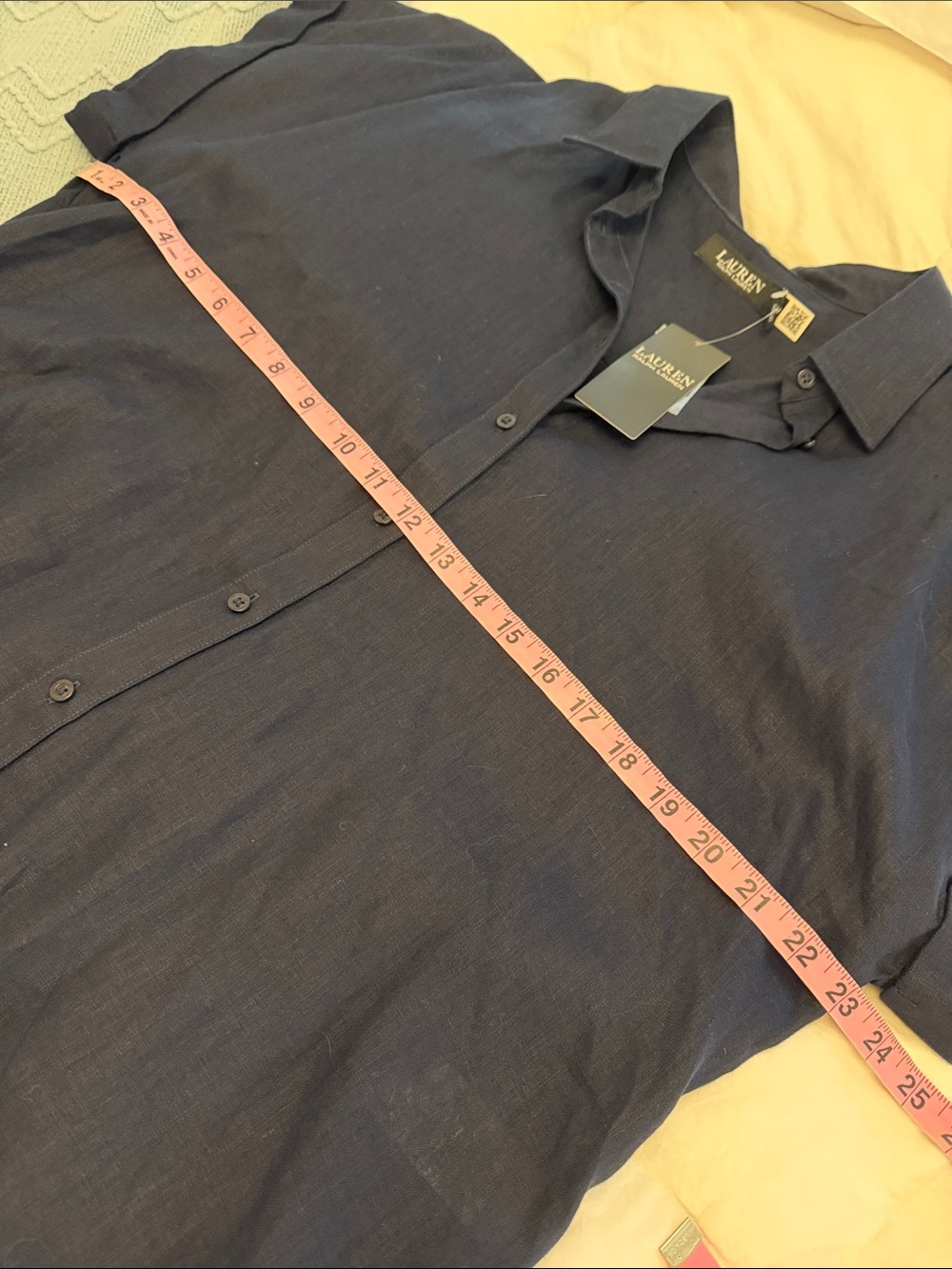 NWT Lauren Ralph Lauren Navy Blue Linen Short Sleeve Shirt - Picture 8 of 12